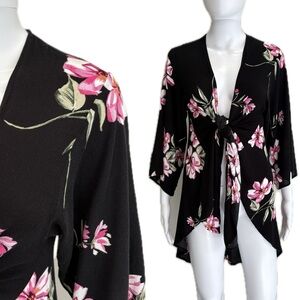 Torrid Floral Kimono Top Size 00/0 Large M/L 3/4 Sleeve Open Front Swim Cover Up